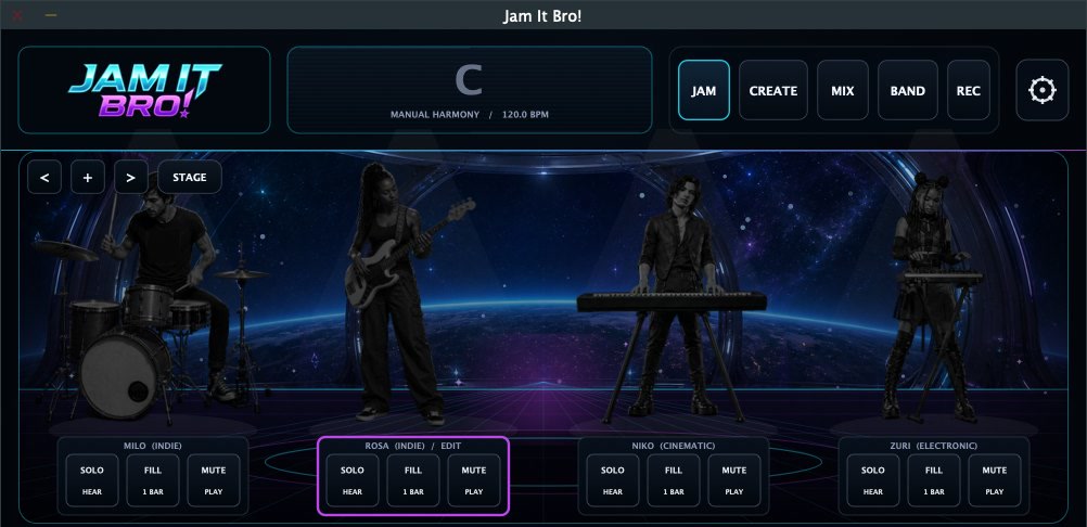 The Jam It Bro app: the stage with the band, per-seat solo, fill and mute controls, and the listening panel showing the detected chord.